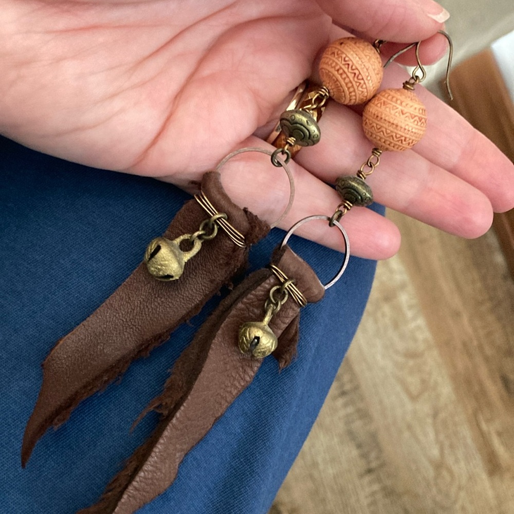 Bohemian Brown Leather Earrings with Beads